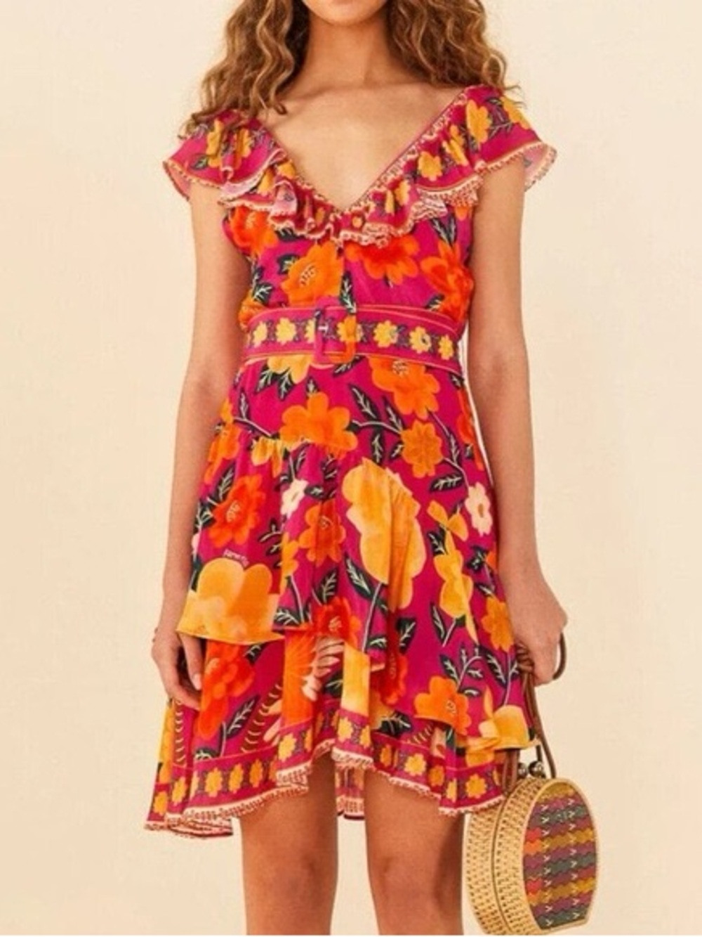 Farm Rio Pink Floral Mini Dress 🌺 Ruffle Trim Belted Tropical Dress Size S